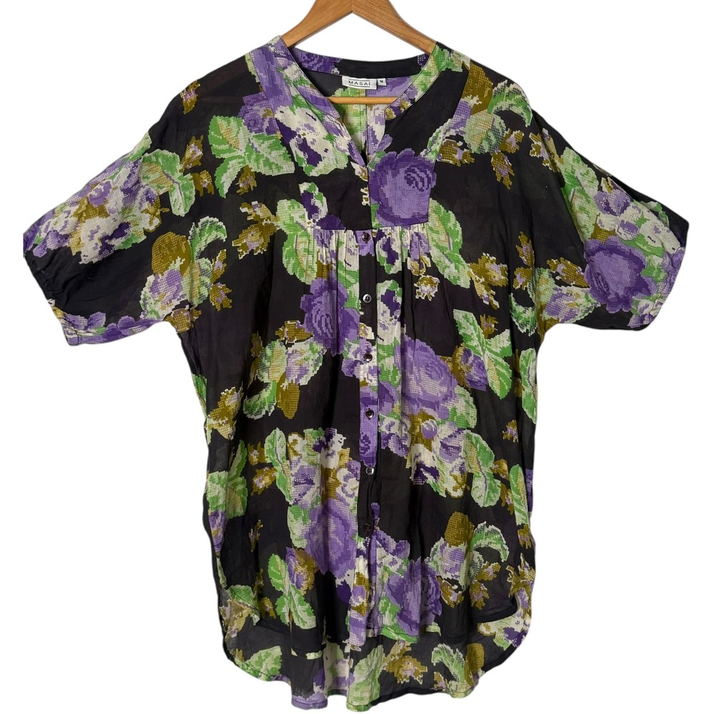 Masai Floral Print Button Down Tunic Top M Artsy Whimsical Boho Beach Cover Up (